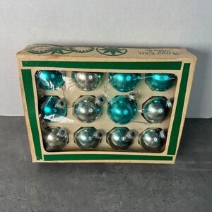 Vintage American Made Glass Christmas Ornaments Teal Silver Set of 12
